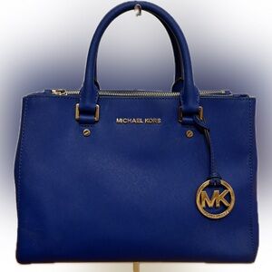 Michael Kors Blue Saffiano Leather Medium Sutton Tote gold MK shoulder bag